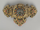Girdle Clasp, Silver sheet; gilt, repoussé, patterned wire, and granulation; inlaid with silicae, coral and turquoise beads filigreed, granulation