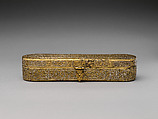 Inscribed Pen Box, Brass; engraved and inlaid with silver, gold, and black compound
