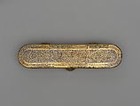 Inscribed Pen Box, Brass; engraved and inlaid with silver, gold, and black compound