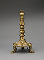 Tripod Candlestick, Brass; inlaid with silver, gold, and black compound