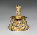 Candlestick, Brass; inlaid with silver