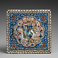 Square Tile Depicting a Horseman Killing a Dragon, Stonepaste; molded and polychrome painted under transparent glaze
