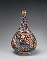 Bottle, Stonepaste; luster-painted on opaque white and blue glaze under transparent colorless glaze