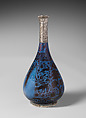 Bottle Depicting a Peacock in Foliage, Stonepaste; luster-painted on blue glaze under transparent glaze; silver mount