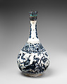 Bottle with Deer in Landscape, Stonepaste; underglaze painted; silver top inlaid with turquoise