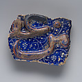 Tile Fragment, Stonepaste; molded, overglaze painted, gilded (lajvardina)