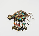 Ornament, One of a Pair, Gold, turquoise, carnelian, feather