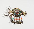 Ornament, One of a Pair, Gold, turquoise, carnelian, feather