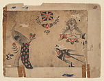 Page with four informal sketches: the Union Jack, a personification of Britannia[?], peacock in a tree, and a swooping robin, Ink and color on paper
