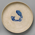 White Bowl with a Blue Peacock, Stonepaste; incised and in-glaze painted under transparent glaze