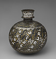 Base for a Water Pipe (Huqqa) with Poetry and Flowers, Zinc alloy; cast, engraved, inlaid with silver and brass (bidri ware)