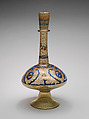 Long-Necked Bottle, Glass, colorless with green tinge; blown, blown applied foot, applied decoration, enameled, and gilded