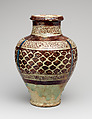 Jar, Stonepaste; underglaze painted in blue, luster-painted on transparent glaze