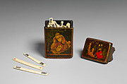 Qajar Lacquer Game Box with Thirty Four Bone Playing Cards, Box: Papier-mache; painted and varnished<br/>Cards: Bone with opaque watercolor