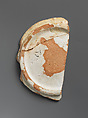 Fragment of a Bowl, Earthenware; reddish body, white slip, slip decoration under glaze