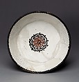 Bowl with Rosette, Earthenware; white slip with polychrome slip decoration under transparent glaze