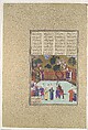 "Kai Kavus and Rustam Embrace", Folio 123r from the Shahnama (Book of Kings) of Shah Tahmasp, Abu&#39;l Qasim Firdausi (Iranian, Paj ca. 940/41–1020 Tus), Opaque watercolor, ink, silver, and gold on paper