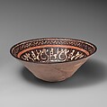 Bowl with Pseudo-Inscriptional Design, Earthenware; white slip with polychrome slip decoration under transparent glaze