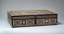 Writing Box, Wood; veneered with ebony, inlaid with ivory and bone (partially stained), brass (sadeli technique)