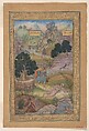"A Muslim Pilgrim Learns a Lesson in Piety from a Brahman", Folio from a Khamsa (Quintet) of Amir Khusrau Dihlavi, Amir Khusrau Dihlavi (Indian, Patiyali, 1253–1325 Delhi), Image: Ink, opaque watercolor, and gold on paper
Margins: Gold on dyed paper