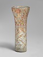 Beaker with Fish Motifs, Glass, colorless with yellow tinge; blown, applied ring foot, enameled and gilded
