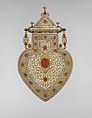 Cordiform Pendant, Silver; fire gilded and chased, with openwork, cabochon and table-cut carnelians, and embossed terminals