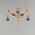 Headdress Ornament in the Shape of Double Bird, Silver; fire-gilded, with chip-carved decoration, cabochon carnelians, turquoise-beaded balls, and links