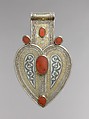 Cordiform Pendant, Silver; fire-gilded and chased, with niello inlay, decorative wire, and table-cut carnelians