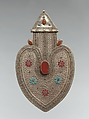 Cordiform Pendant, Silver with applied decoration, decorative wire, synthetic resin inlays, blue and red glass beads, and table-cut and cabochon cornelians.