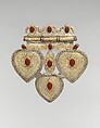Triple Cordiform Pendant, Silver; fire-gilded and chased with decorative wire, ram's head terminals, and cabochon cut carnelians