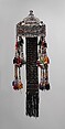 Crown, Silver, with decorative wire and stamped decoration, table-cut incised carnelians, turquoise, beads, openwork, and silver coins; quilted cotton lining, cotton cords and tassels with beads, and velvet strip with metal ornaments