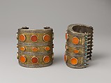 Armband, One of a Pair, Silver, chased, with gilt embossing, decorative wire, stamped beading, tablecut carnelians, and turquoise beads