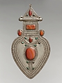 Cordiform Pendant, Silver, with decorative wire, cabochon and slightly-domed carnelians, and turquoises