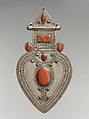 Cordiform Pendant, Silver, with decorative wire, cabochon and slightly-domed carnelians, and turquoises