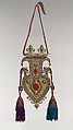 Cordiform Pendant with Tassles, Silver; fire-gilded, with silver shot, decorative wire, cabochon and table-cut carnelians, slightly domed turquoises, and wool tassels