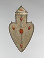 Cordiform Pendant, Silver; fire-gilded, carnelians