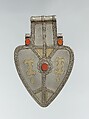 Cordiform Pendant, Silver; fire-gilded and chased, with decorative wire and table-cut carnelians