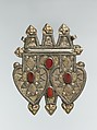 Double Cordiform Pendant, Silver; fire gilded, with applied decoration, stamping, decorative wire, ram's-head terminals, and table-cut and cabochon carnelians