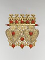 Double Cordiform Pendant, Silver; fire-gilded and chased, with decorative wire, openwork, and cabochon carnelians