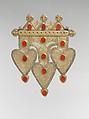 Triple Cordiform Pendant, Silver; fire-gilded and chased, with decorative wire and stamping, openwork, ram's-head terminals, and table cut carnelians