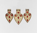 Cordiform Pendant, Silver; fire-gilded and chased, with openwork  and table-cut carnelians