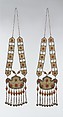 Ornament Worn Laterally, One of a Pair, Silver; fire-gilded and chased, with decorative wire, loop-in-loop chains, bells, and table-cut carnelians