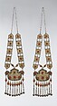 Ornament Worn Laterally, One of a Pair, Silver; fire-gilded and chased, with decorative wire, loop-in-loop chains, bells, and table-cut carnelians