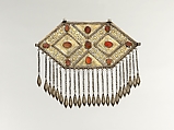 Pectoral Ornament, Silver; fire-gilded with punched and stamped openwork decoration, silver twisted chains with embossed pendants, and table cut carnelians
