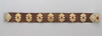 Man's Belt, Silve; fire-gilded and chased, with table-cut carnelians; mounted on leather