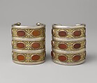 Armband, One of a Pair, Silver; fire-gilded and chased, with table-cut carnelians