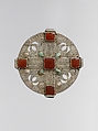 Pectoral Disc Ornament, Silver, with applied and punched decoration, openwork, decorative wire, and slightly domed turquoises and carnelians