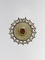 Pectoral Disc Ornament, Silver; fire-gilded and chased with rams head terminals, decorative wire and table cut carnelian