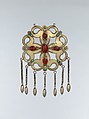 Pectoral Ornament, Silver; fire-gilded and chased, with openwork, wire chains, embossedpendants, slightly domed carnelians, and turquoise beads