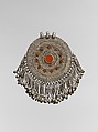 Pectoral Disc Ornament, Silver, with decorative wire, stamped beading, silver shot, applied decoration, chains, bells, and table-cut carnelians